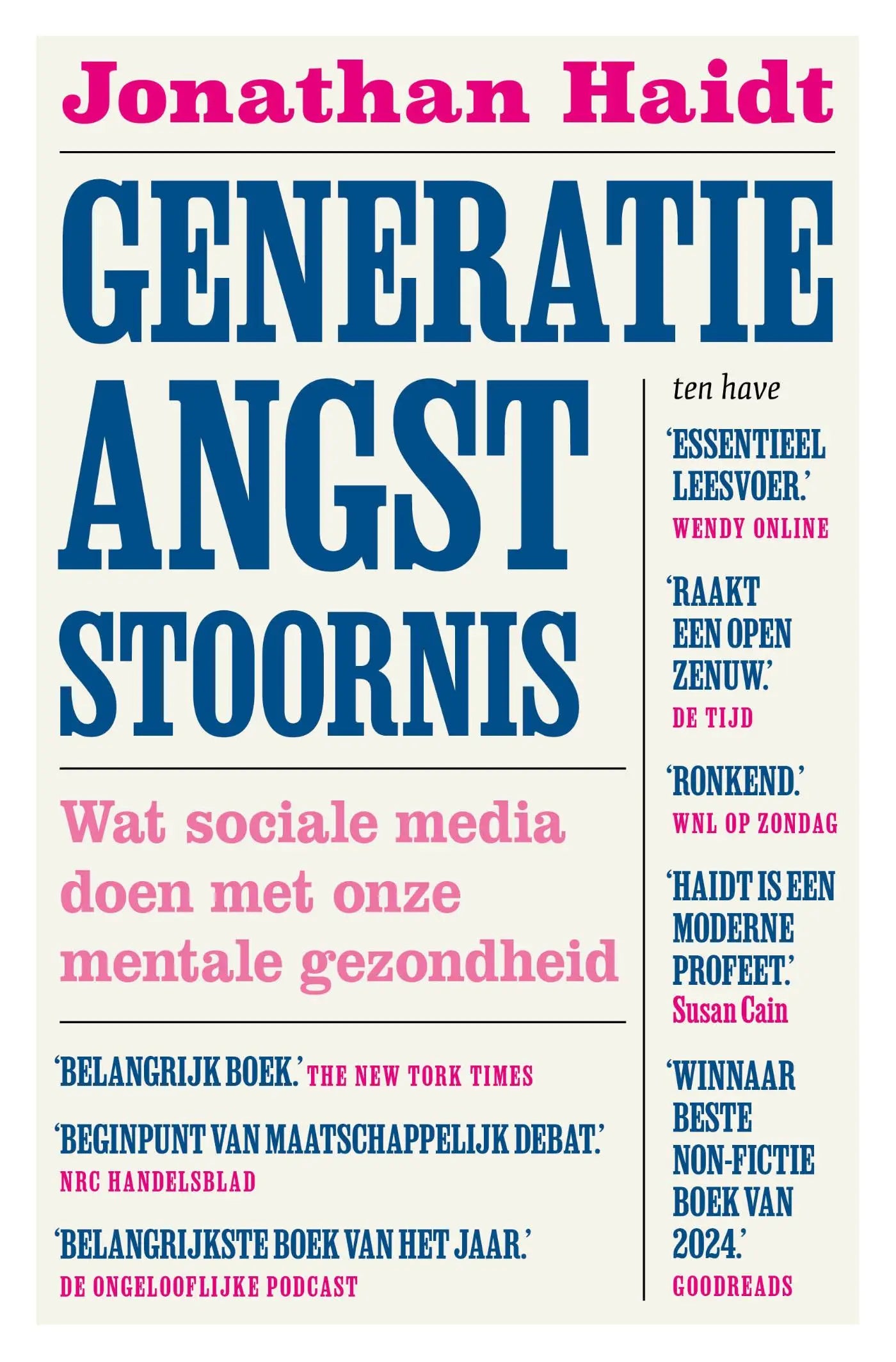 Boekcover generatie angststoornis van jonathan haidt met blauwe en roze typografie over sociale media en mentale gezondheid