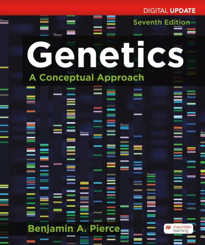Zwarte cover genetics textbook zevende editie met kleurrijke dna-patronen en witte tekst conceptueel approach