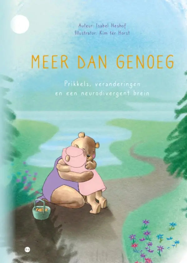 Een zachte aquarelillustratie van twee knuffelberen die elkaar omhelzen bij een rivier onder de volle maan voor jonge lezers neurodivergent brein