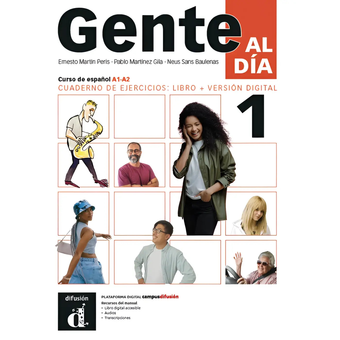 De voorkant van gente al día 1 cuaderno de ejercicios met witte achtergrond, zwarte en rode tekst, illustraties en oranje nummer één