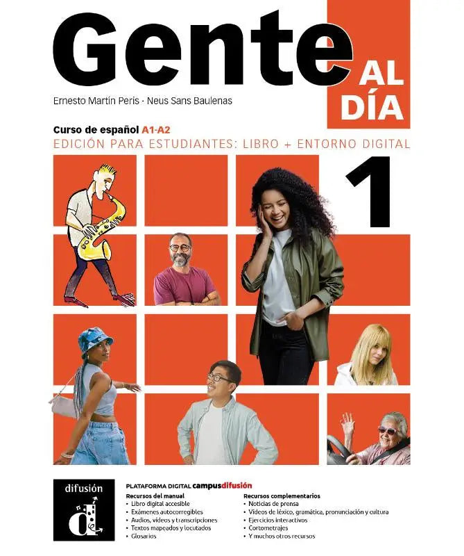 De cover van het libro del alumno gente al día 1 met een levendige oranje achtergrond en diverse casual mensen