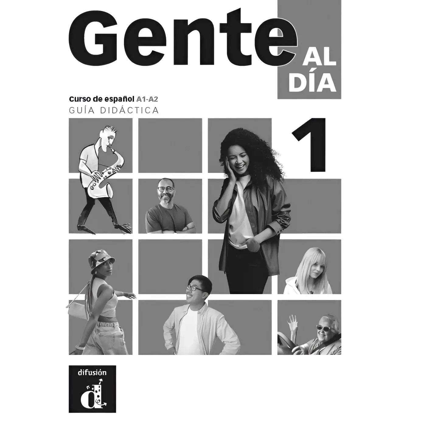 Zwart-witte omslag van gente al día 1 spaanse taalleerboek met raster van geïllustreerde en gefotografeerde mensen