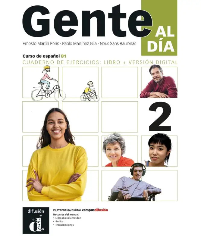 Gente al día 2 cuaderno de ejercicios met versie digital toont vrouw in geel trui en illustraties van fietsen voor talen algemeen binnen talen