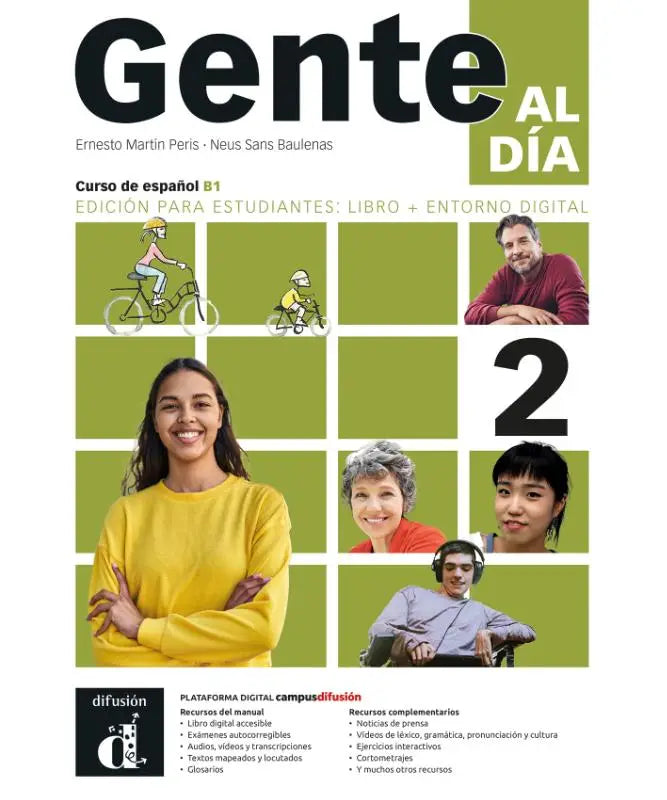 De cover van gente al día 2 edición para estudiantes met een felgroene achtergrond en diverse afbeeldingen voor b1 niveau met entorno digital