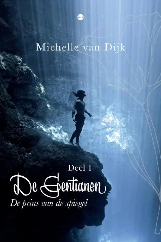 Blauwgetinte boekcover van De Gentianen deel 1 met een silhouet op rotsachtig terrein en lichtstralen onder water