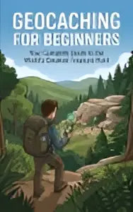 De geocaching for beginners boek heeft een levendige groene omslag met een complete guide en illustraties van wandelaars
