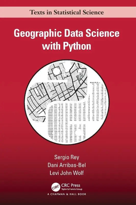 Rode boekomslag van geographic data science with python met een cirkelvormige kaart en datatabellen