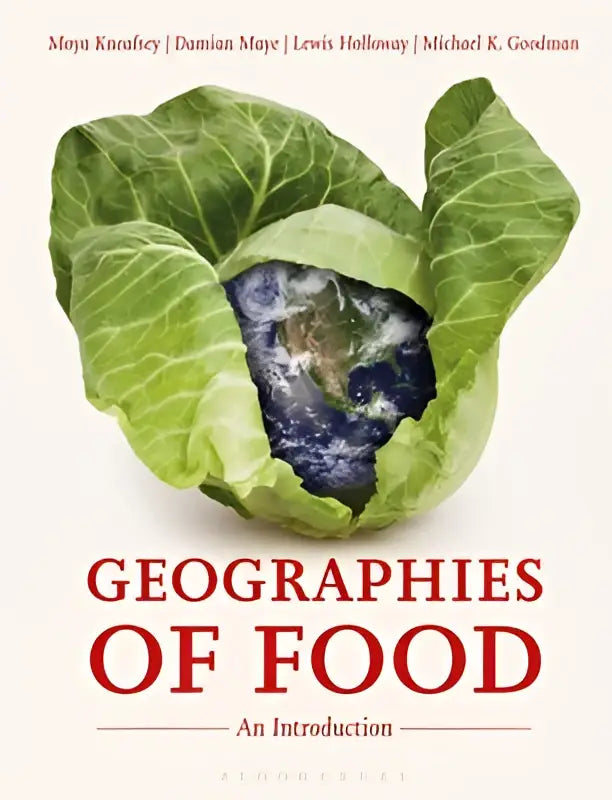 De boekcover van geographies of food an introduction toont een groene kool met de aarde erin en rode tekst over contemporary food