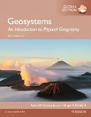 De voorkant van geosystems an introduction to physical geography textbook met een landschap van besneeuwde bergen en oranje lucht