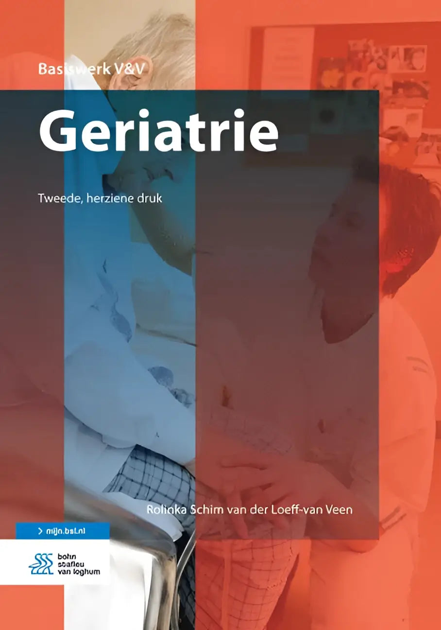 De geriatrie boekcover van rolinka schim en loeff-van veen toont een medische split design met blauwe en oranje achtergrond van bsl media