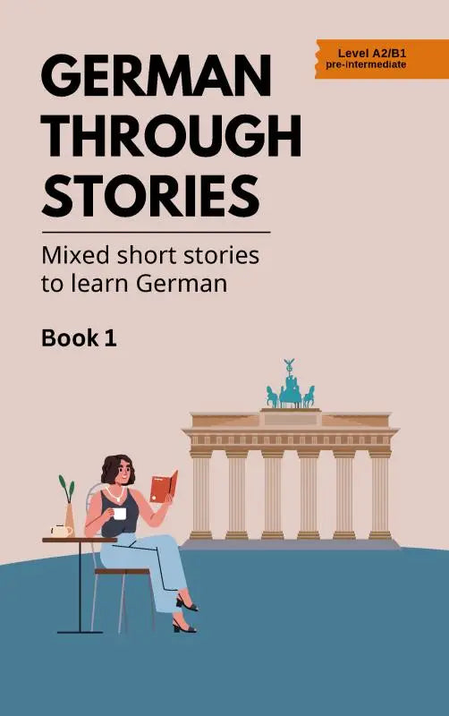 A soft pink book cover of german through stories book 1 featuring mixed short stories for learning german