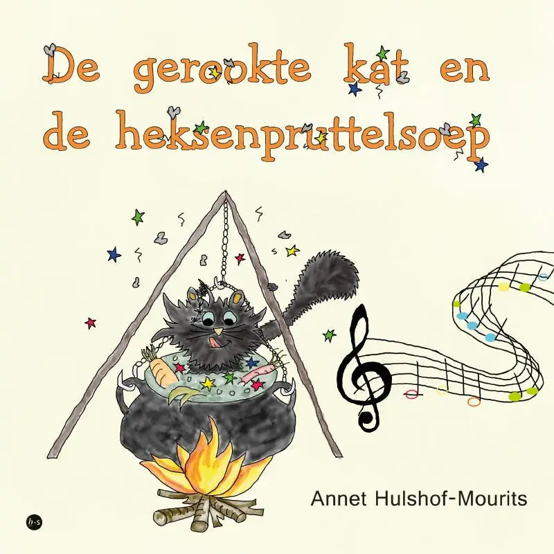 Een cartoon zwarte gerookte kat met pluizige staart zit in een donkere grijze ketel vol kleurrijke sterren voor jonge lezers