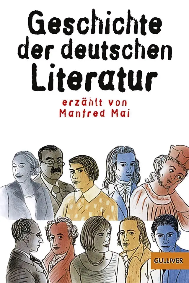 De boekcover van geschichte der deutschen literatur toont kleurrijke illustraties en fungeert als leidraad door jahrhunderte deutscher literatur
