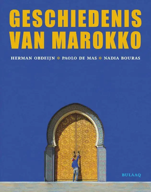 De cover van het boek geschiedenis van marokko toont een blauwe achtergrond met geel tekst en een gouden deur, relevant voor punische handelaren