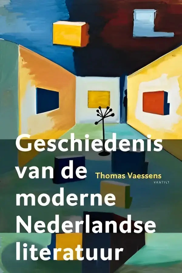 The book cover of geschiedenis van de moderne nederlandse literatuur features a vibrant abstract painting with bold geometric shapes