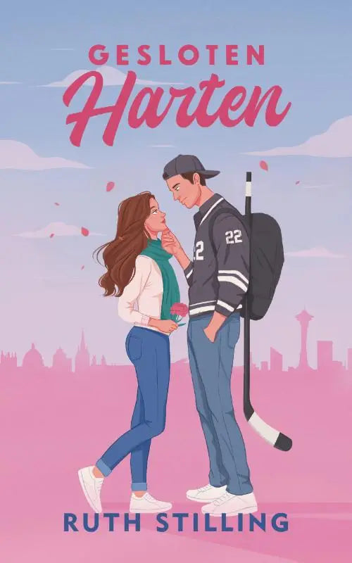 Roze en witte geïllustreerde boekcover van gesloten harten met een stel in casual kleding en een gestileerde seattle scorpions skyline
