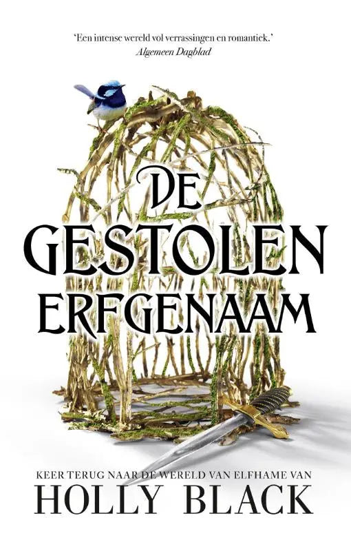De gestolen erfgenaam door holly black toont een groen mosbedekt vogelkooi met een zwaard meulenhoff boekerij editie