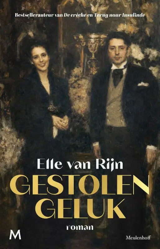 De cover van het boek gestolen geluk toont een klassieke olieverfschilderij van een vrouw in een zwarte jurk en een man in formele kleding
