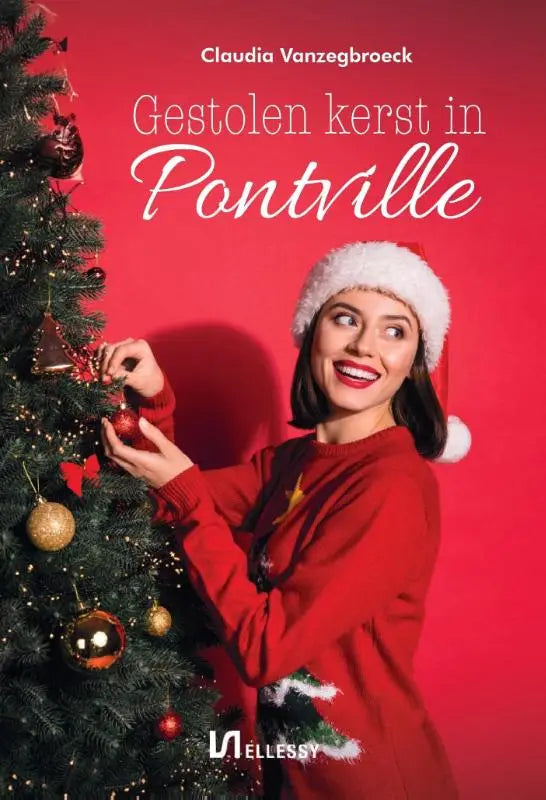 Rood kerstthema boekcover van gestolen kerst met vrouw in feestelijke kleding die kerstballen vasthoudt