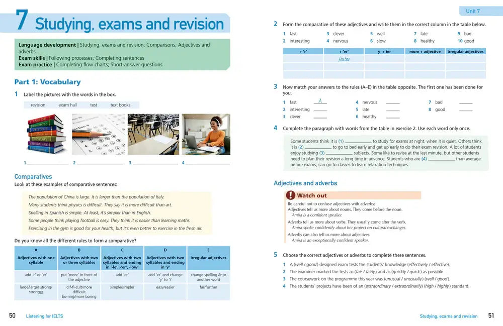 Een pagina uit collins get ready voor ielts listening met vocabulaire oefeningen over studying exams and revision