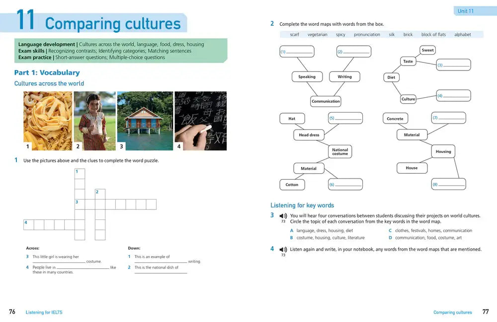 Pagina uit collins get ready voor the ielts listening met vocabulaireoefeningen over het vergelijken van culturen