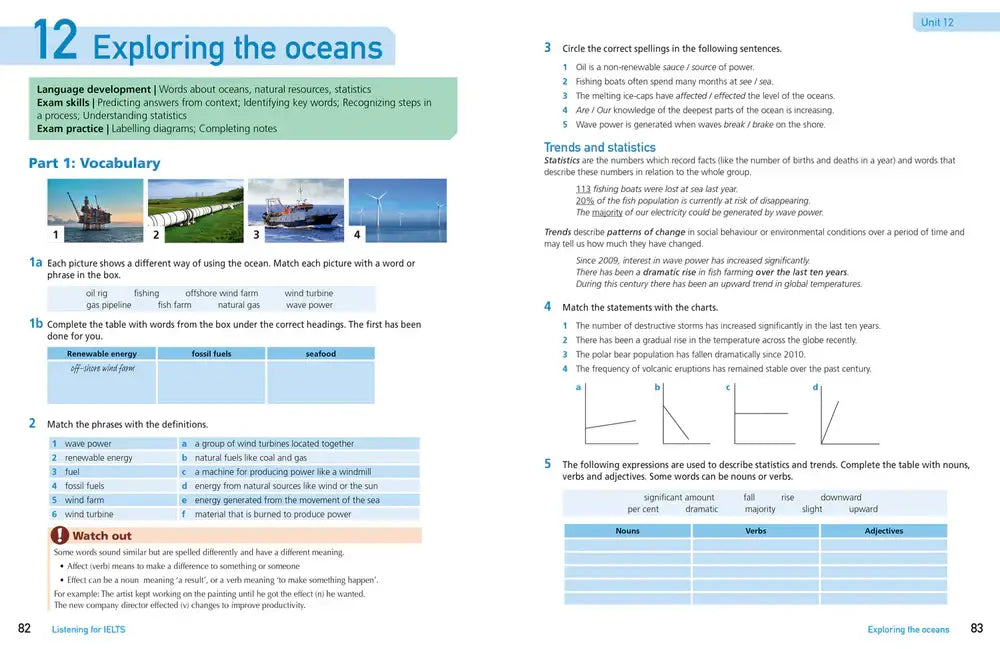 De pagina van het collins get ready voor ielts listening test toont vocabulaire en diagrammen over oceanen