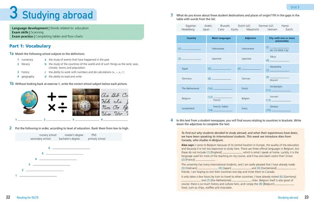 Pagina uit een engels leerboek getiteld studying abroad met woordenschat- en leesopdrachten gericht op internationale educatie