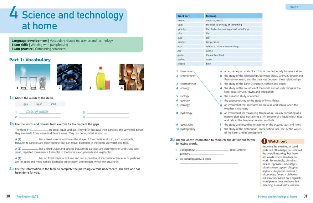 De pagina van een engels leerboek get ready for ielts reading bevat vocabulaire oefeningen en illustraties van laboratoriumapparatuur zoals bekers