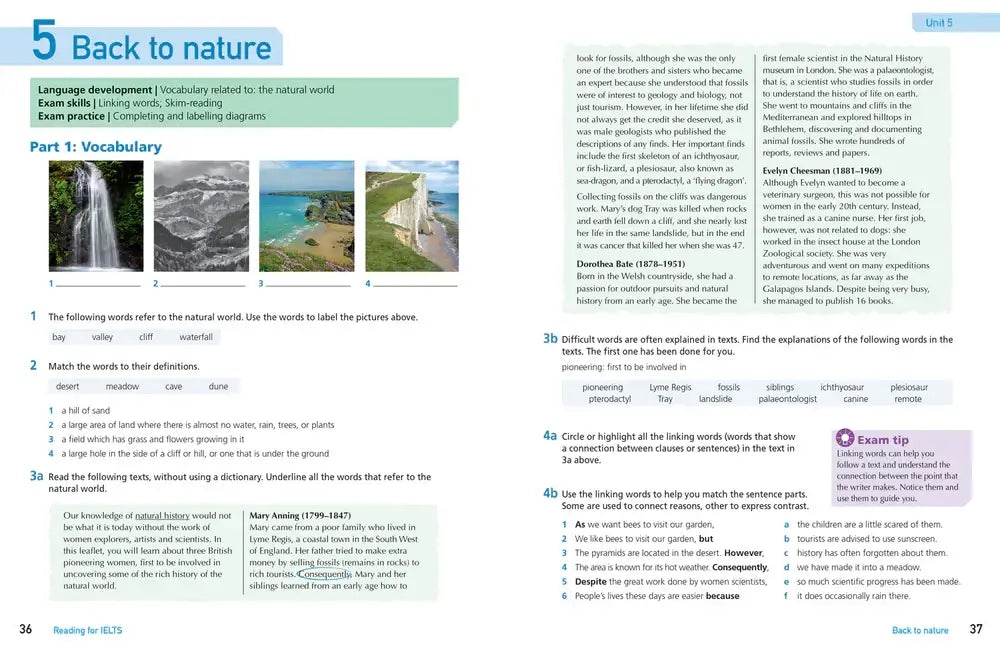 Pagina uit een engels leerboek get ready for ielts reading met vocabulaire oefeningen over de natuur en illustraties