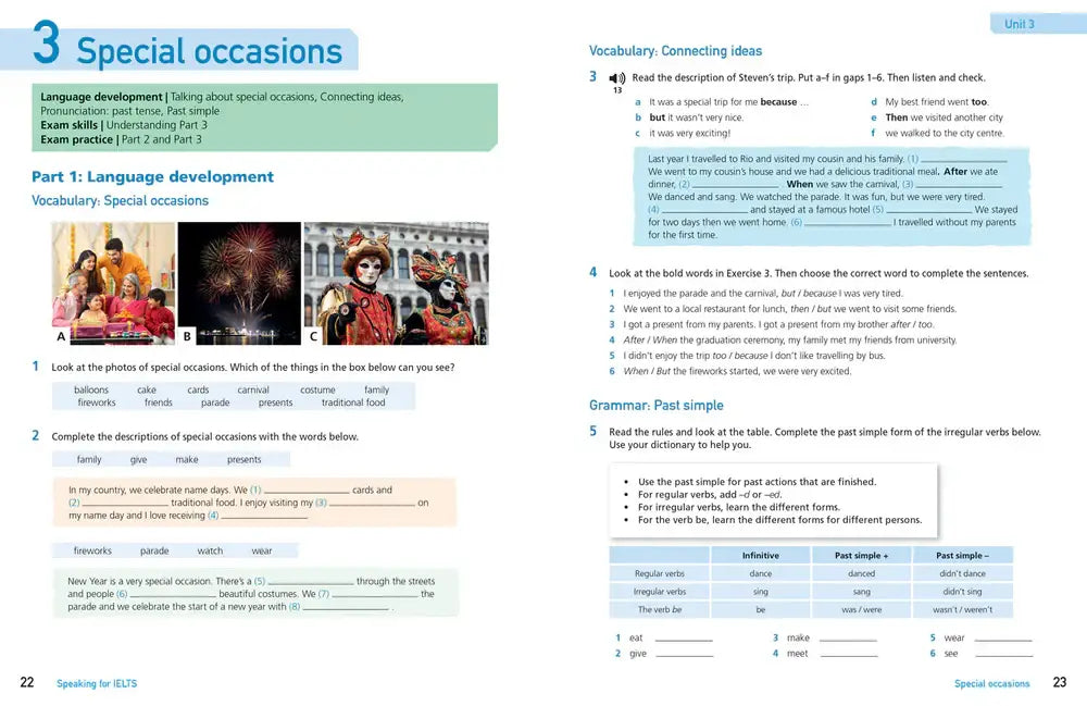 Pagina uit het collins get ready voor ielts speaking test boek met speciale gelegenheden sectie unit 3