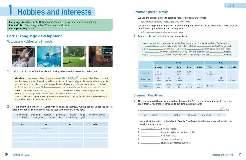 Dit is een pagina uit het engels leerboek collins get ready voor de ielts writing test met oefeningen over hobbies en grammatica