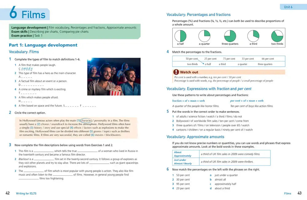 Educatief werkblad uit collins get ready voor ielts writing test met filmwoordenschat en procenten uit de ielts writing tweede editie