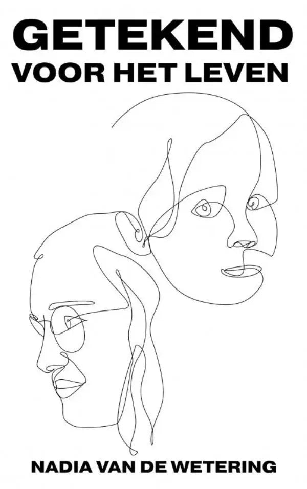 Black lineart boekcover met minimalistische doorlopende portretten van twee gezichten en titel getekend voor het leven van nadia van de wetering