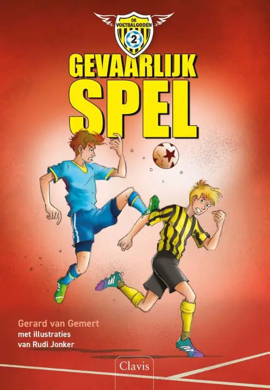 Cover van het nederlandse kinderboek gevaarlijk spel door gerard van gemert met twee jongens in voetbaltenues voor jonge lezers