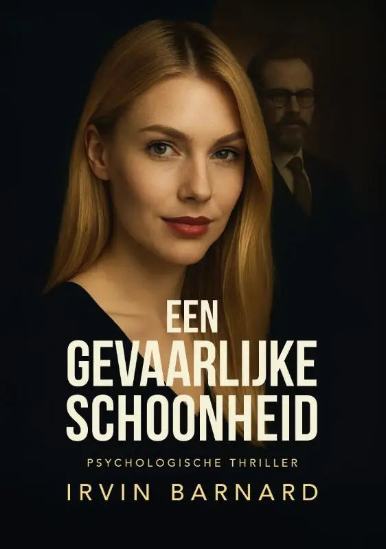 Donkere boekcover van een psychologische thriller getiteld een gevaarlijke schoonheid met een blonde vrouw en witte tekst