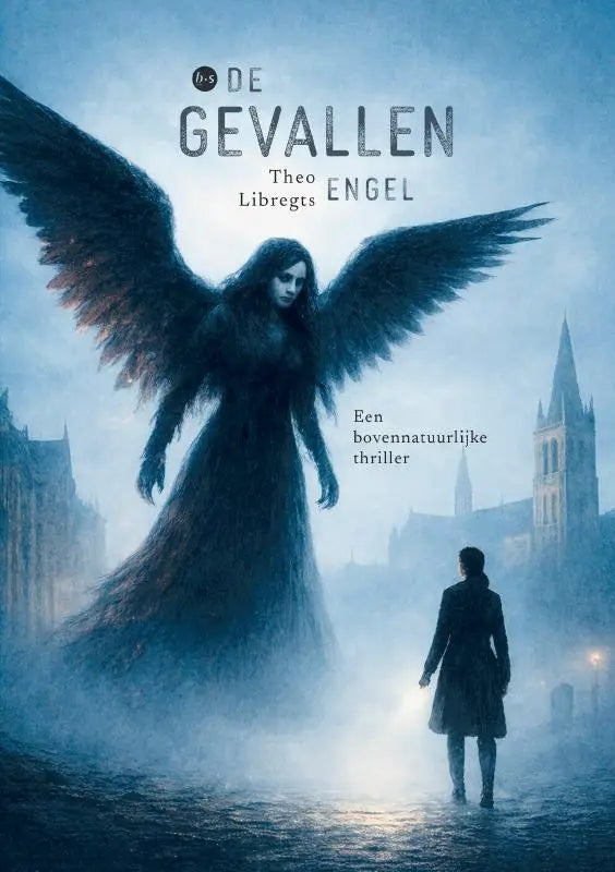 Een donkere gevallen engel in een lange zwarte jurk staat domineren op een mistige straat in een bovennatuurlijke thriller