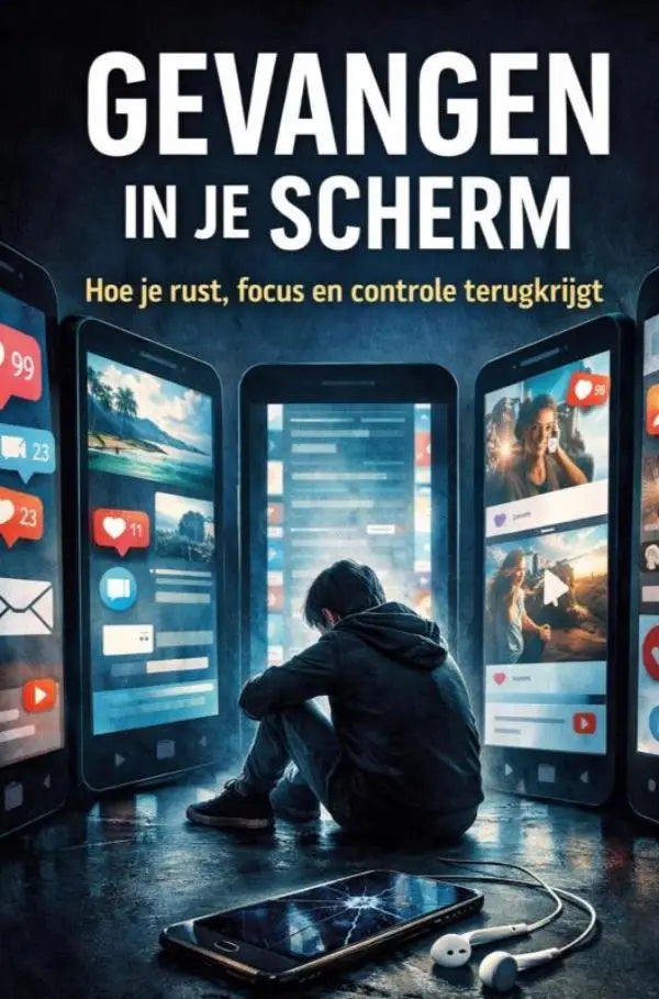 Het boek gevangen in je scherm toont sociale media op smartphones rondom een persoon en helpt controle terugkrijgt