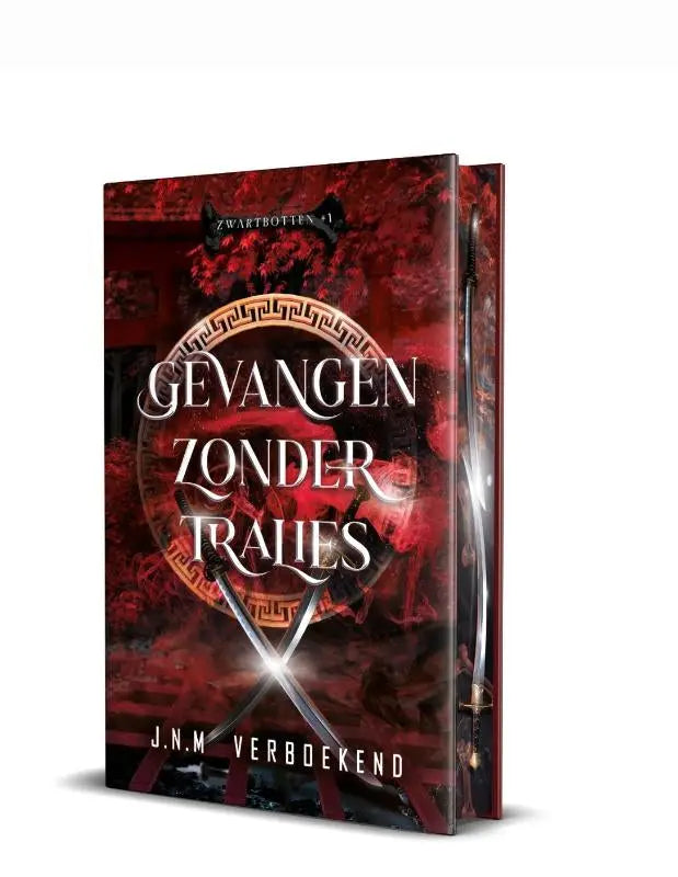 Rood hardcover boek gevangen zonder tralies met donker dramatische cover en gouden versieringen met gekruiste zwaarden
