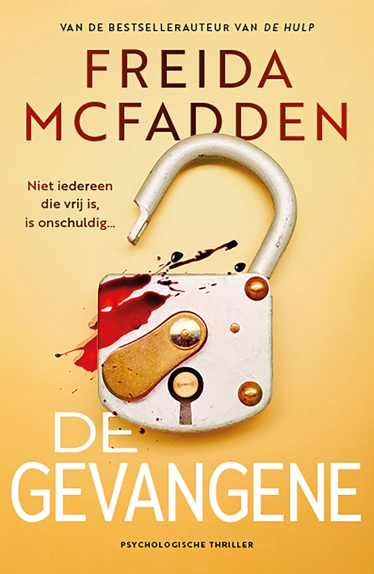 Een zilveren hangslot met goudkleurige accenten en rode vlekken voor het product de gevangene van freida mcfadden