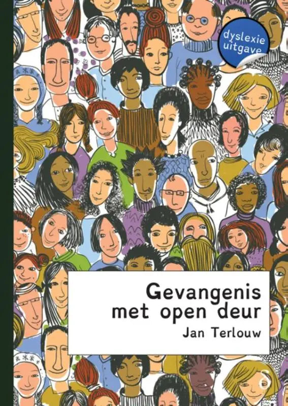 Boekcover gevangenis met open deur met een levendige illustratie van een diverse menigte in verschillende kleuren