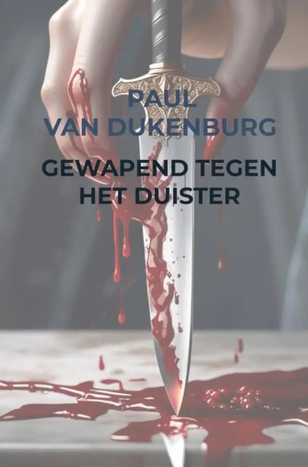 Een hand gewapend met een dolk met een vergulde heft en een lange bloedige kling tegen het duister