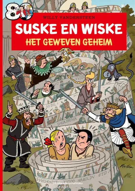 De cover van het stripboek suske en wiske het geweven geheim door willy vandersteen met middeleeuwse personages en een geweven achtergrond