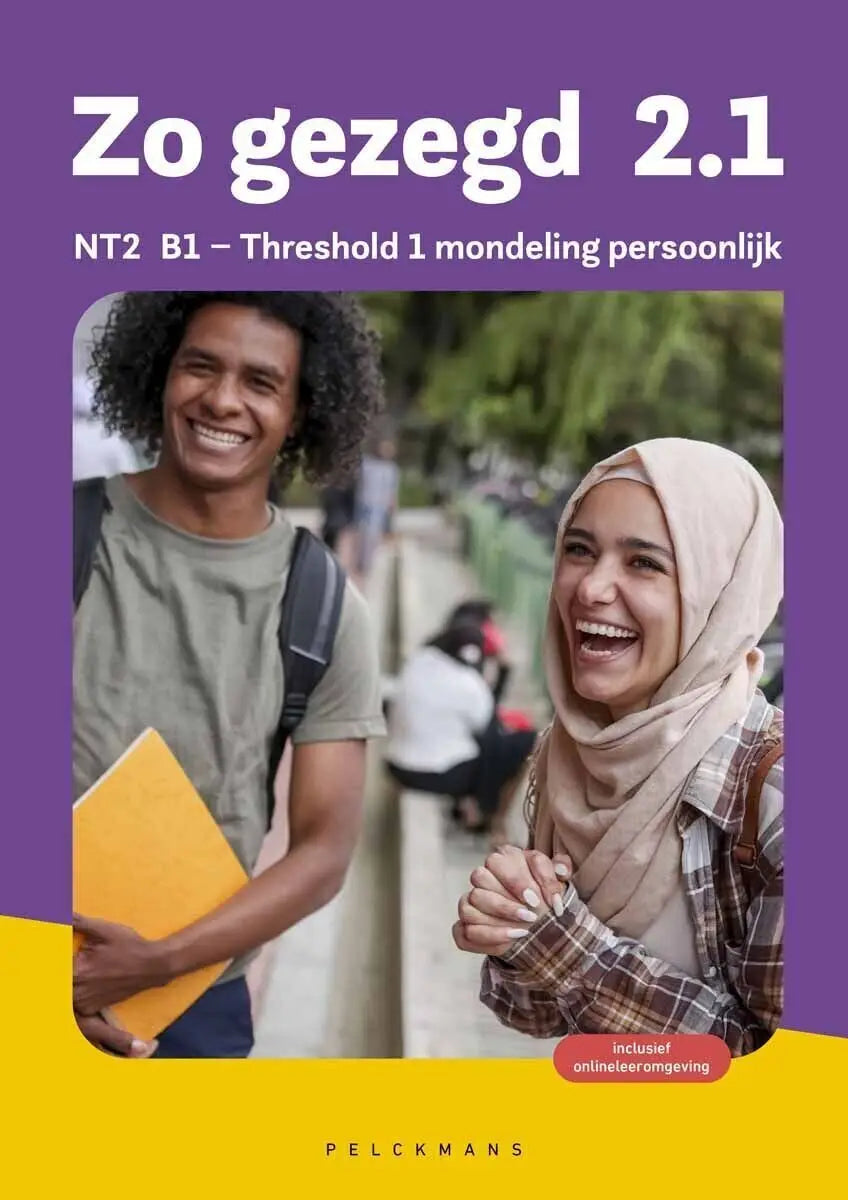 Boekomslag Zo gezegd 2.1 paars geel met lachende studenten en map