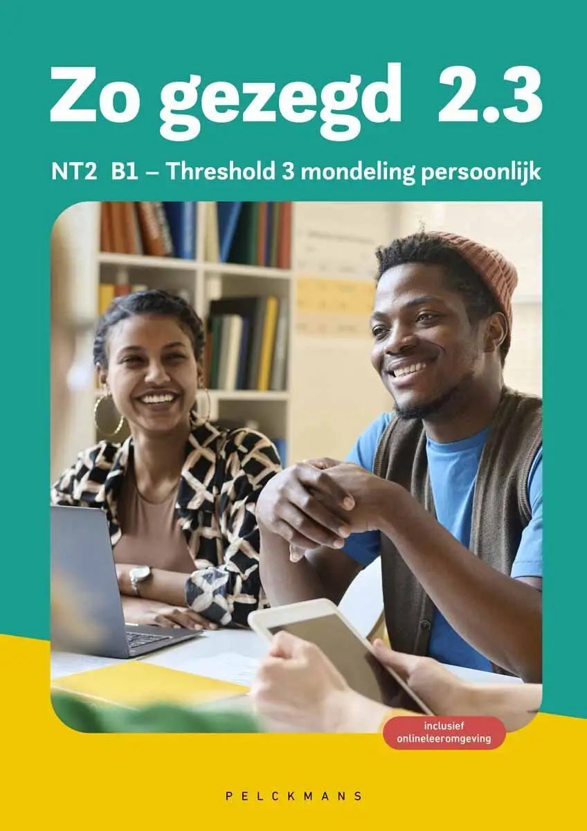 Teal en gele cover Zo gezegd 2.3 Pelckmans met lachende studenten en boekenkast