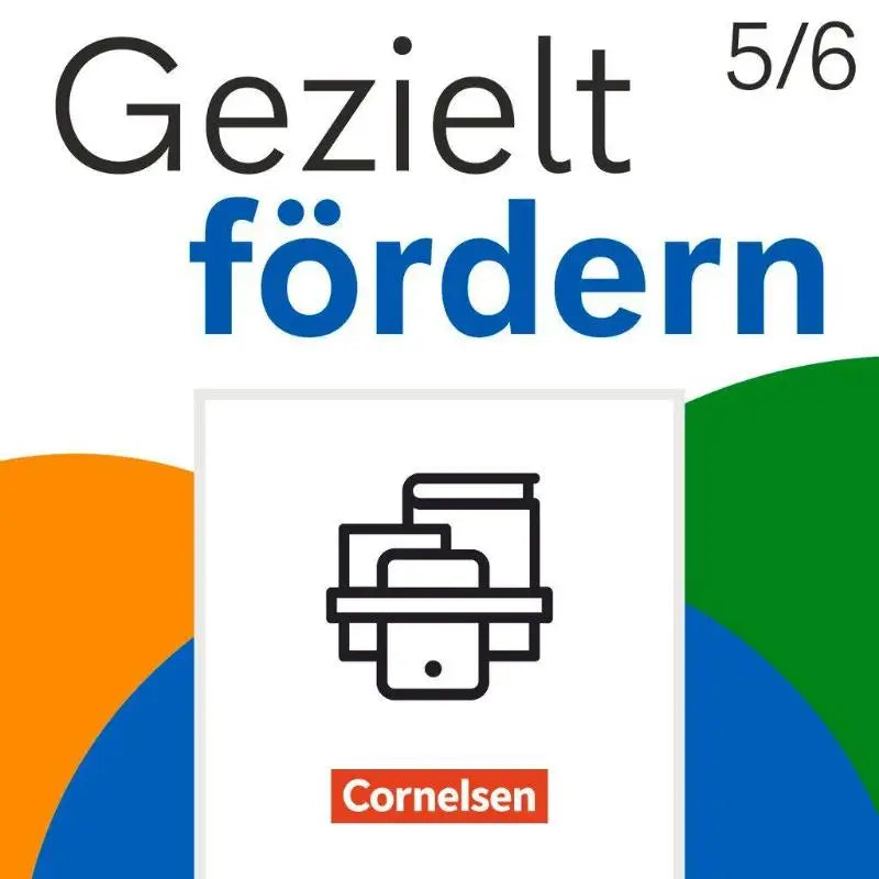 Cornelsen lern- und übungshefte gezielt fördern 5 6 schuljahr cover met zwart lijnkunst icoon van gestapelde boeken en kleurrijke vormen