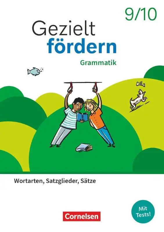De cover van het gezielt fördern grammatik werkboek met kleurrijke illustratie van kinderen op groene heuvels en cartoon dieren