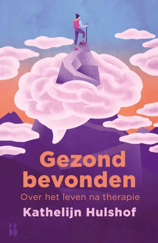 Een gestileerde illustratie van een persoon die een paarse hersenvormige berg beklimt met roze wolken in de gezonde bevonden productillustratie