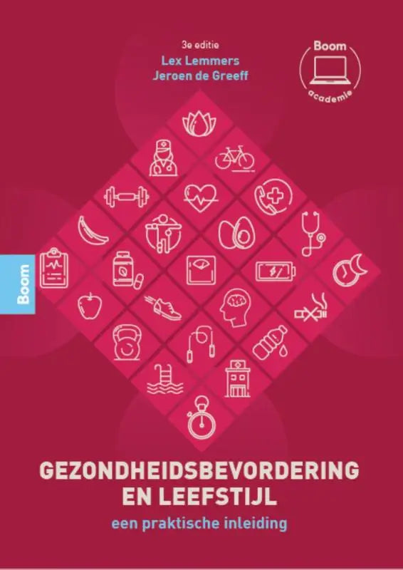 De boekcover van gezondheidsbevordering en leefstijl heeft een rode achtergrond met witte lijniconen en praktische inleiding tekst