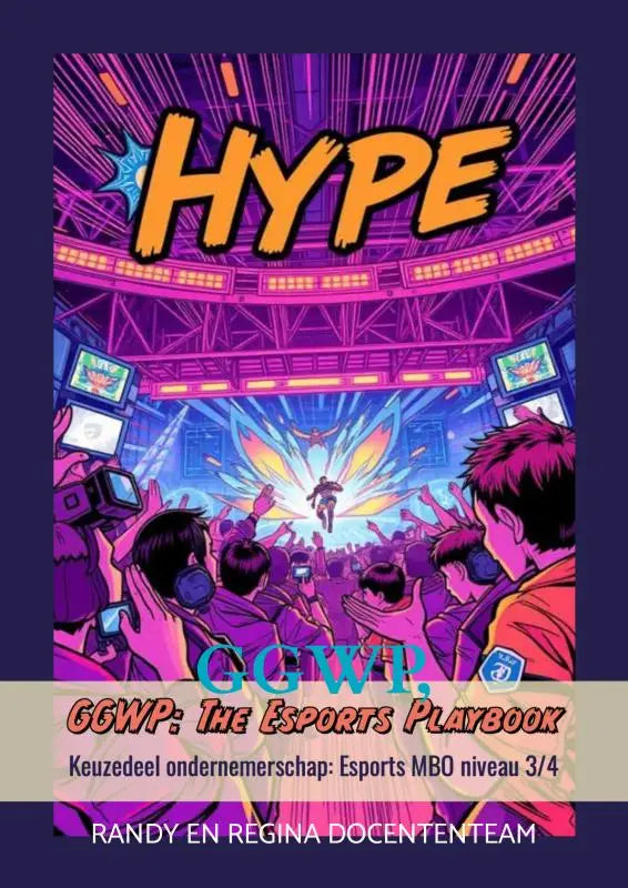 Vibrant paars en oranje comic book cover van ggwp keuzedeel ondernemerschap esports mbo niveau met futuristisch esports arena