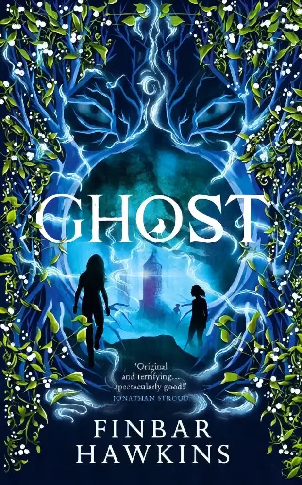 The book cover for Ghost by finbar hawkins features dark mystical design with blue lightning and green vines framing the title for ghost a chilling supernatural from the author of Witch